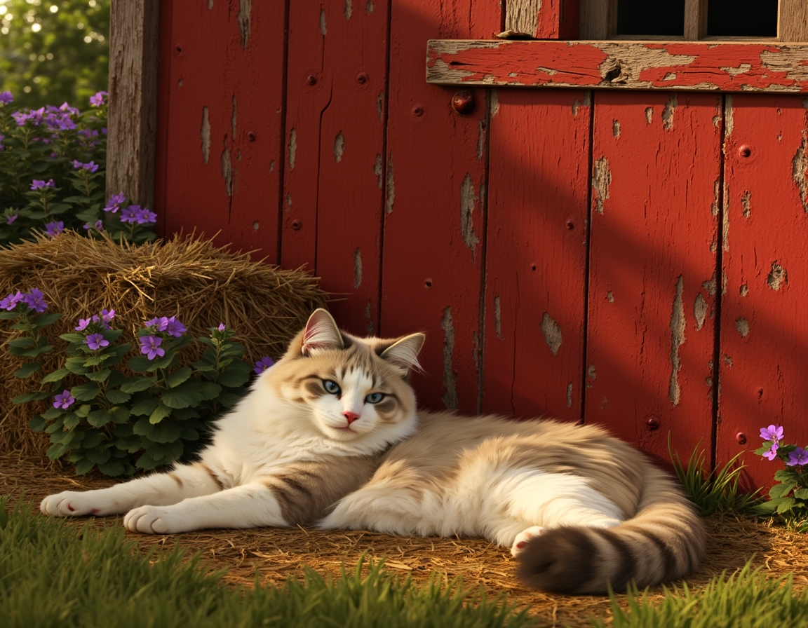 Cat rests peacefully near a barn, enjoying the tranquility of the countryside.